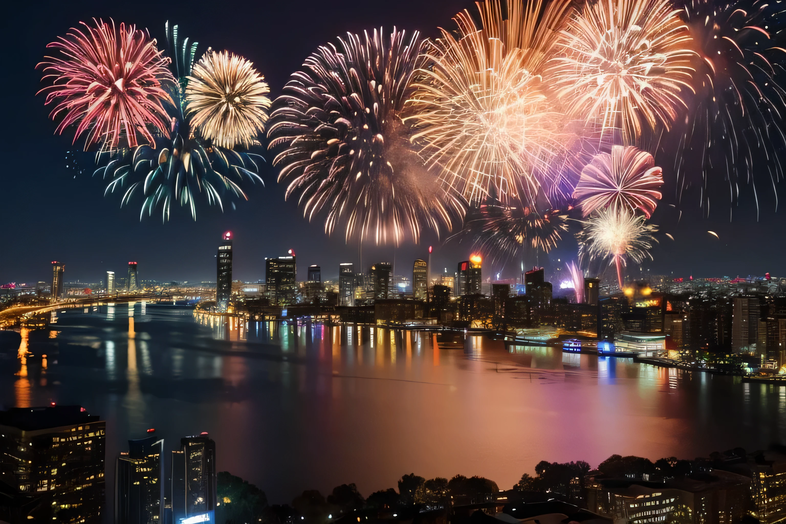 fireworks are lit up over a city skyline with a river, [ fireworks in the sky ]!!, fireworks, fireworks in background, New Year&#39;s Eve, firework, fireworks in the background, Happy!!!, Koyaniskatsi, fireworks on the background, firework, Beautiful images, Vivid!!, future!!, celebrate,8K