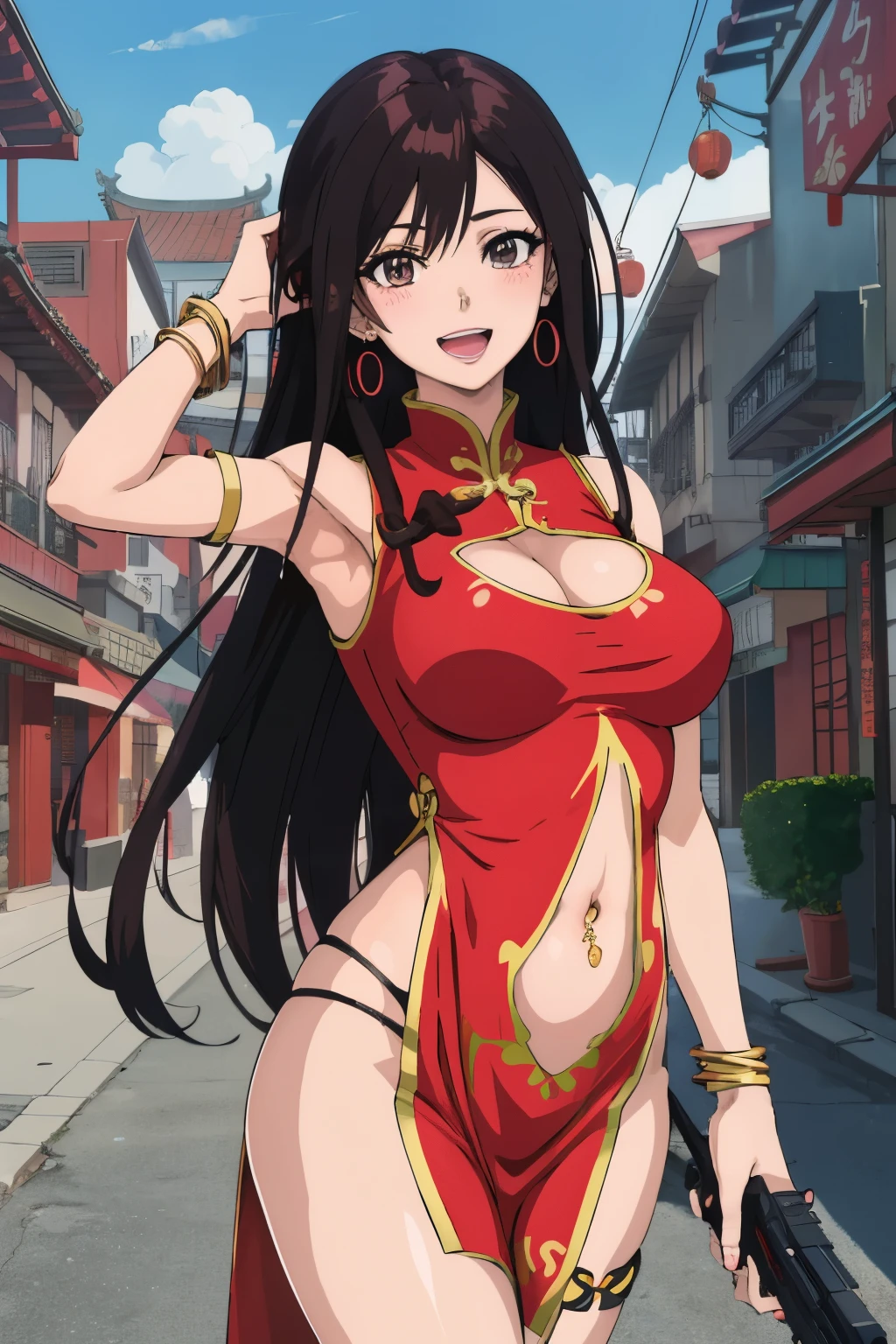 sayuri, 1girl, long hair, blush, lipstick, jewelry, earrings, masterpiece, best quality, highly detailed, a anime girls in china dress with navel cutout holding a gun
posing for a picture, navel cutout, crop top, china dress, ecchi anime style, evil smile, open mouth,
smile, anime girls, ecchi style, ecchi, digital anime art!!, in anime style, official artwork, (nsfw) not safe
for work, beautiful anime girl, anime style 4 k, pelvic curtain, exposed belly, exposed navel, exposed
midriff, exposed lower belly, holding a gun, chinatown, outdoor,street,road, navel piercing