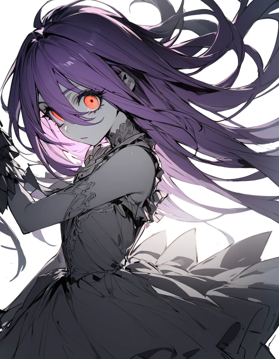 (Sketches)One girl fighting, 16 years old,Pale red eyes(Big Eyes:1.4), Princess Dress, Glowing Skin, High Contrast, ((Mastepiece, Highest quality))Long purple hair(Semi-long hair:1.4)(eye shadow:1.3)(Eyelashes:1.2)Original Costume(fringe)(More about the Strand), (White Background)
