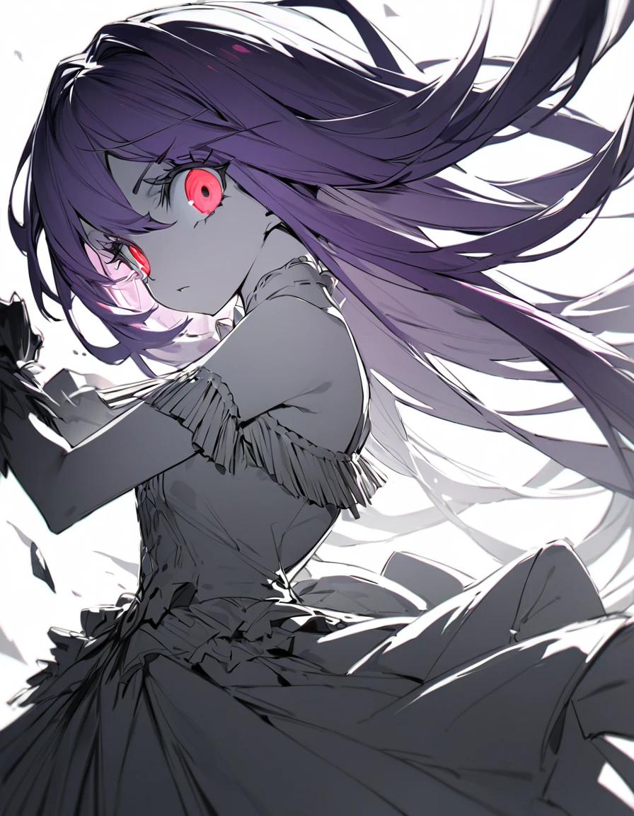 (Sketches)One girl fighting, 16 years old,Pale red eyes(Big Eyes:1.4), Princess Dress, Glowing Skin, High Contrast, ((Mastepiece, Highest quality))Long purple hair(Semi-long hair:1.4)(eye shadow:1.3)(Eyelashes:1.2)Original Costume(fringe)(More about the Strand), (White Background)
