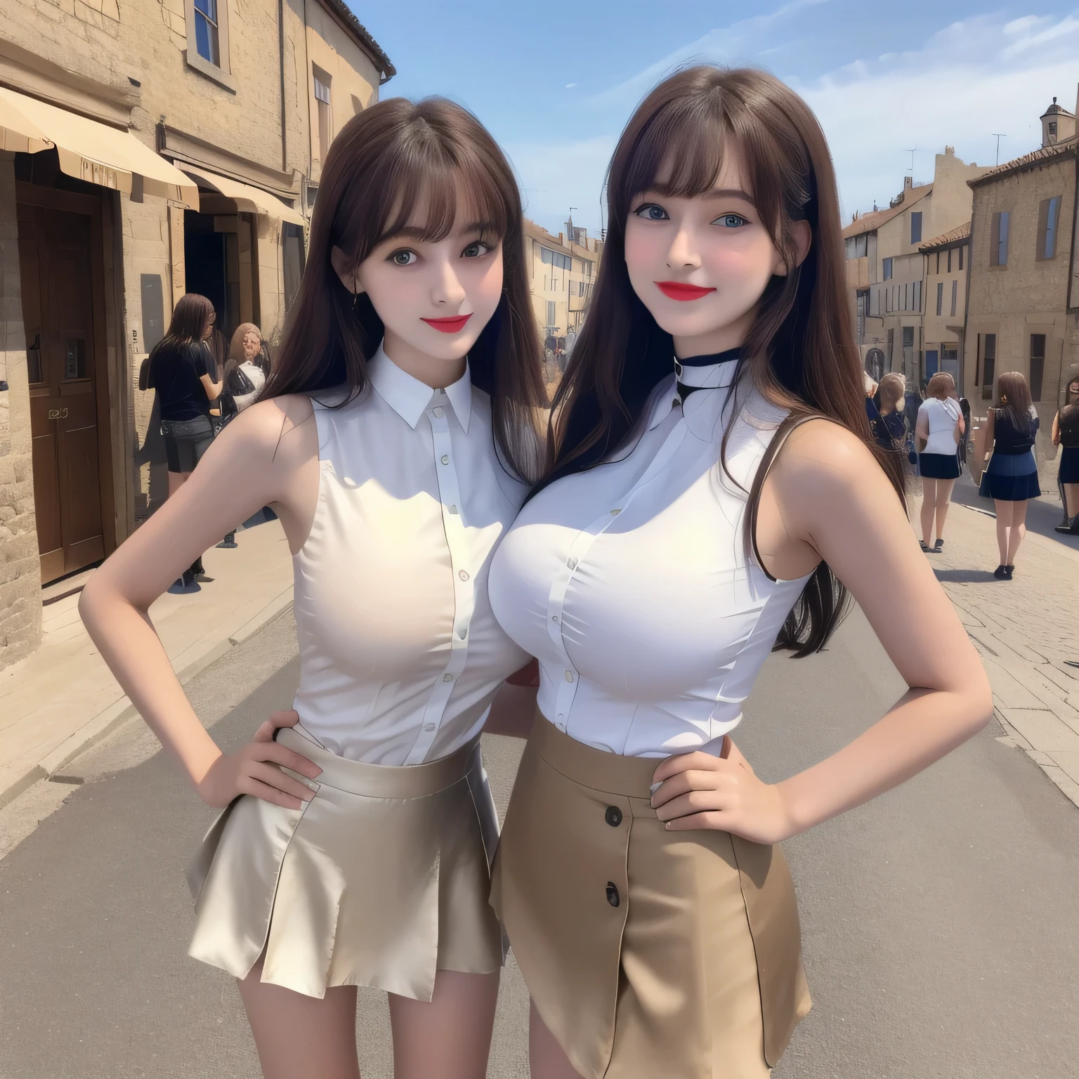 100 Girls,Crowded, Long Hair, Brown Hair, Sleeveless, sexy, A line of girls, Girls standing in line, Girls only, Sisters, ((White tight silk shirt、mini skirt)),Full body photo:1.9, Adorable, smile, Slim face, The body is slim, Short Brown Hair, 32k, masterpiece, Best image quality,Ultra-high resolution,Perfect hands,Black Choker、blue eyes、bangs、Very profuse and very long eyelashes, Lots of girls、((Big Breasts)), Dependents, Big Breasts, Red lipstick、blue sky、Medieval streetscape、European Villages