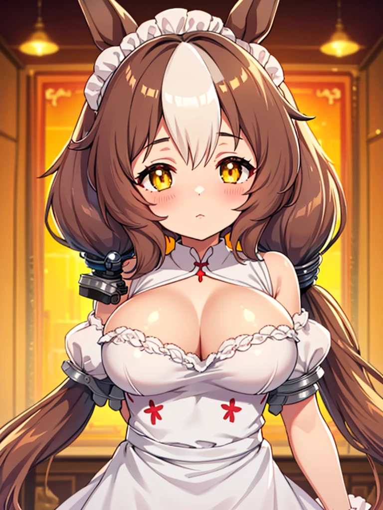 masterpiece, best quality, high quality, detailed, exquisite, beautiful, (((yamanin zephyr,)))(((umamusume,))) long hair, low twintails, hair between eyes, shiny hair, brown hair, golden eyes, droopy eyes, tareme, pale skin, shiny skin, glamorous, voluptuous, blush, ager, gigantic breasts, maid dress,