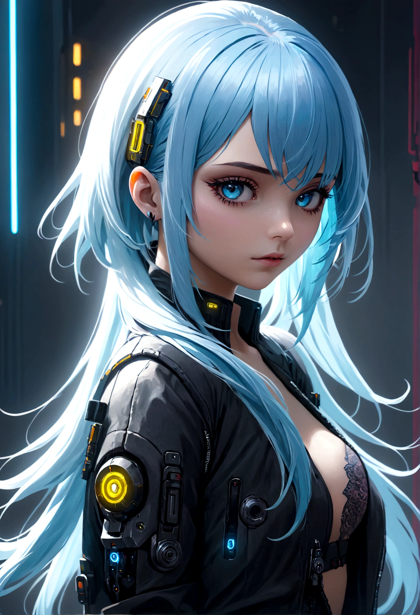 (masterpiece, best quality:1.2), 1girl, solo, Kaslin, cyberpunk girl, light blue hair