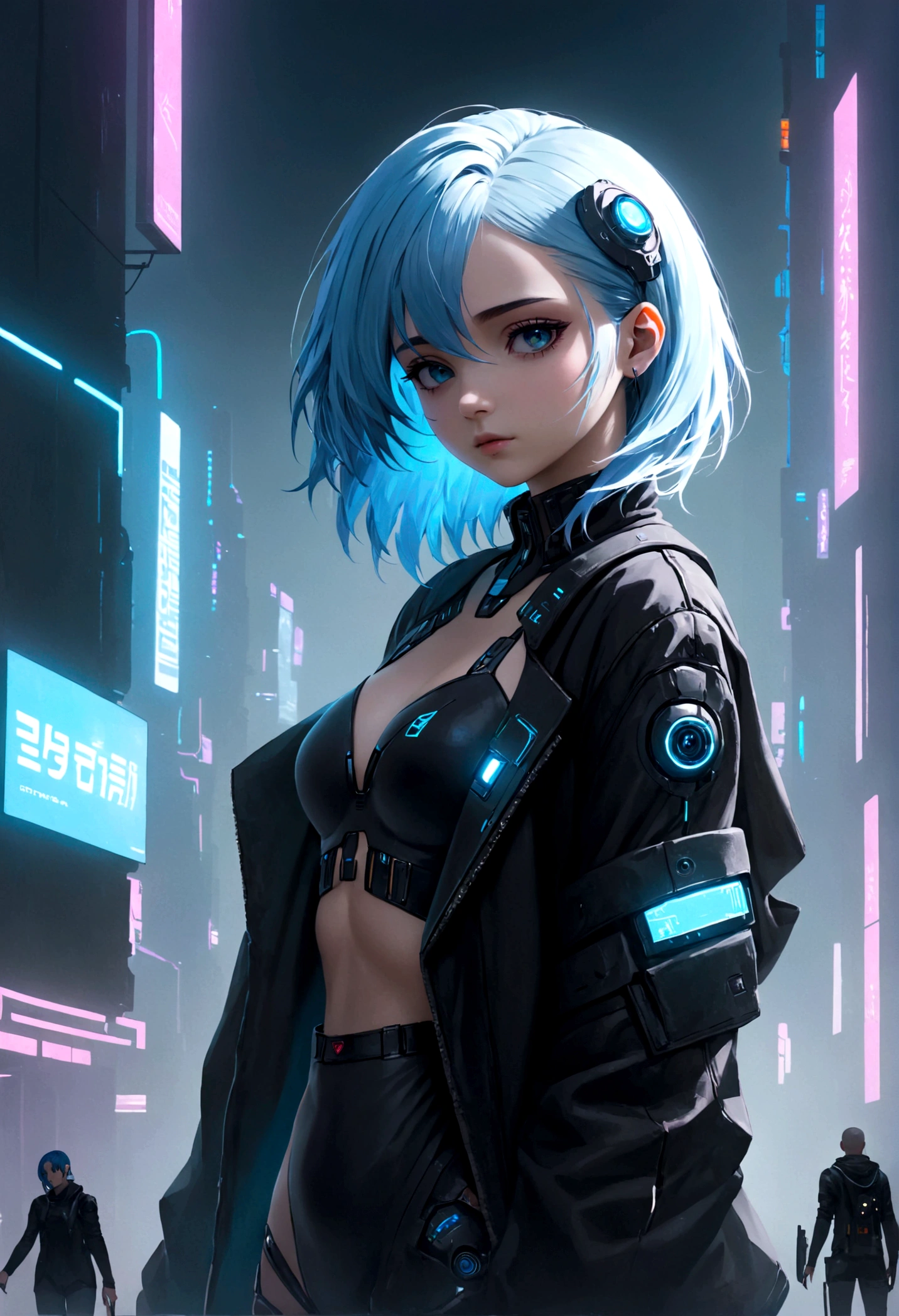 (masterpiece, best quality:1.2), 1girl, solo, Kaslin, cyberpunk girl, light blue hair
