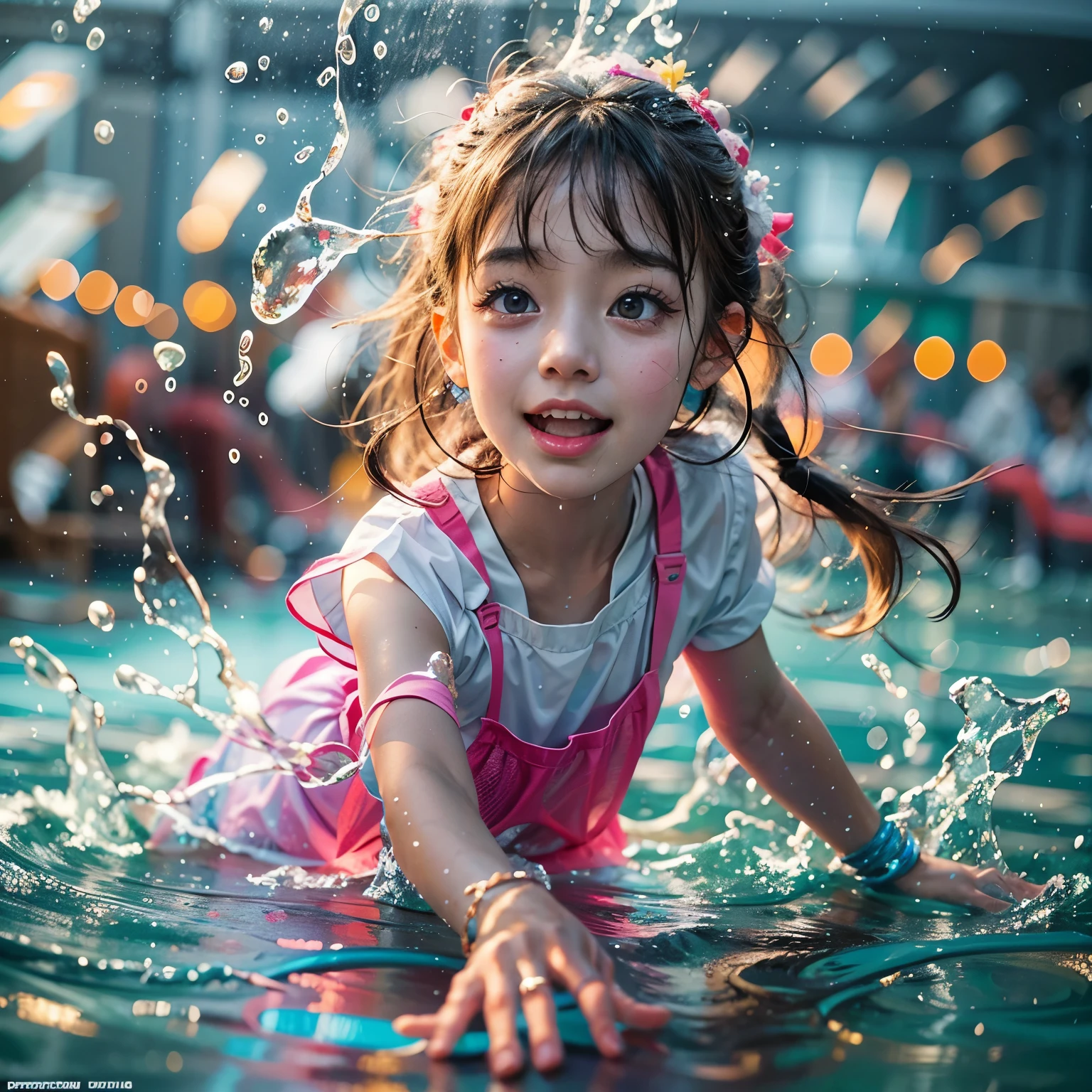 (8K TopQuality masterpiece: 1.2)(Realistic ProfessionalPhoto:1.37), VolumetricLighting. Tiny Girls, girl jumping into the water、Falling、splash water、shout、Luminous water surface、White and Bright colors, back lighting, Radiant PearlSkin, sparkling highlights, Detailed KAWAII face with cute lips, long eyelashes, Delicate clothes, (Uncorrected Hand:-1)