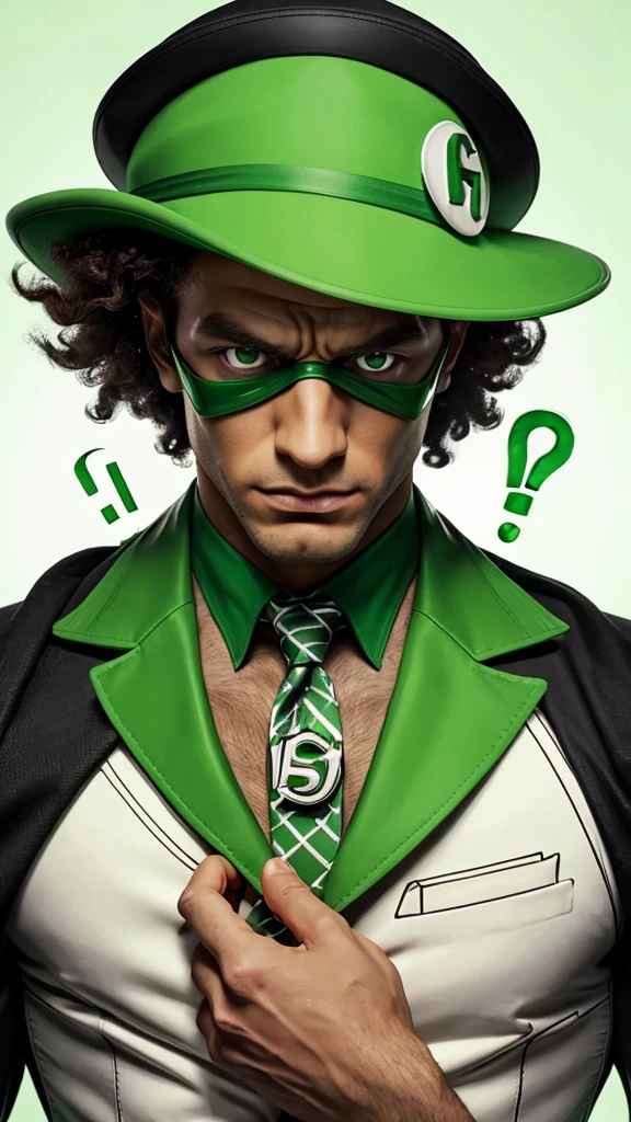 "Create an abstract art image in a monochromatic white and green color scheme, featuring the character Riddler as the focal point. The Riddler should be wearing a green bowler hat and a green blazer with white question marks. He should have dark skin, kinky hair, and brown eyes, with his face depicted in a mysterious, partially hidden manner."