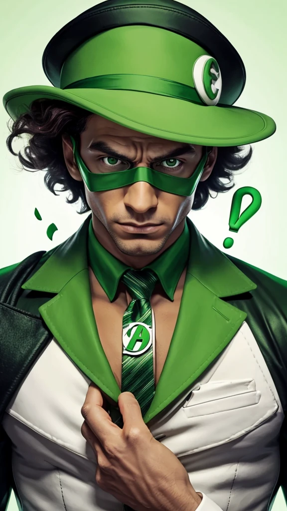 "Create an abstract art image in a monochromatic white and green color scheme, featuring the character Riddler as the focal point. The Riddler should be wearing a green bowler hat and a green blazer with white question marks. He should have dark skin, kinky hair, and brown eyes, with his face depicted in a mysterious, partially hidden manner."