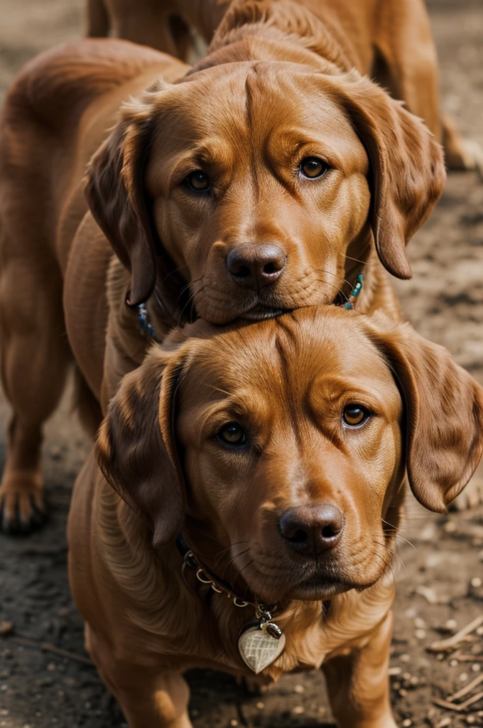 A light brown short coated dog, light brown eyes, labrador breed, and with a necklace that says " Spartan- Padilla Family"