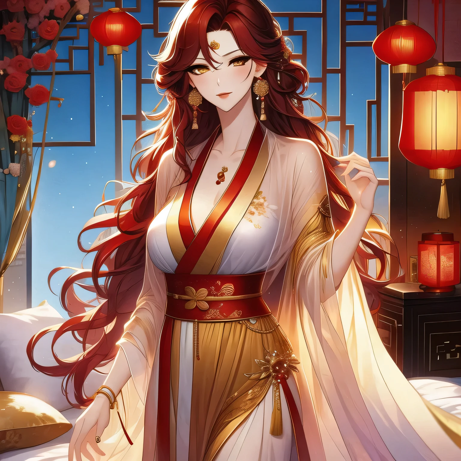 (masterpiece, best quality:1.2), 1women, xian mei, solo golden eyes, long red curly hair, jewellery, perfect anatomy, chinese traditional room, nudity, nude, sexy
