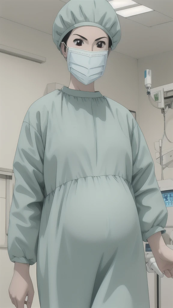 masterpiece, highest quality, source_anime, the view is turned slightly to the side, upper body, (RAW photo, best quality), 1girl, frown, pale skin, shy eyes, big breasts, big tits, pregnant, stand, natural lighting, solo, hospital, in the operating room, 
ray kasugano, pregnant with big belly, (give a score of 9_give a score of 8_give a score of 7) long sleeve Surgical dress, bouffant cap, cover the ears, surgical mask, long surgical gloves, 