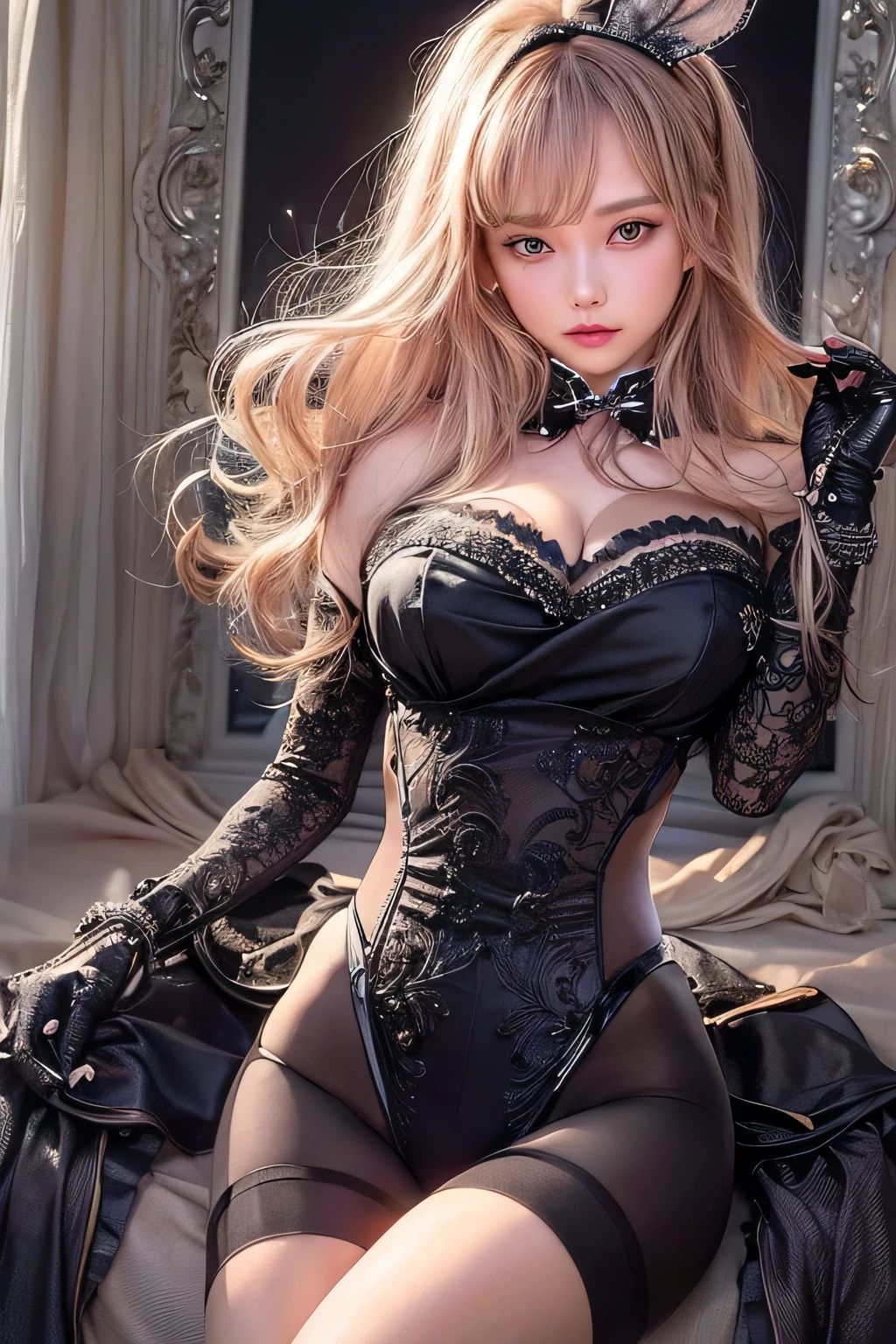 masterpiece, 1 Seductive Woman, Fine grain, highest quality, Ultra High resolution, (reality: 1.4), Cinema Lighting, Beautiful Skin, (Ultra-realistic), (High resolution), (8k), (Very detailed), ( Best illustrations), Pouting slightly, (Crystal colorful lights), Extremely refined and beautiful, beautiful detailed eyes, Round eyes, detailed facial features, (Round pupils:1.4), (alluring face), Glistening Lips, sexual climax, Seduction, bitch, (small breasts:1.3), Open lips, (Beautiful and detailed face, Beautiful and delicate eyes), pink cheek, mascara, brown hair, long hair, (cleavage:1.3), (see through:1.1), Exposed thighs, Beautiful thighs, spread legs, cleavage, bare shoulders, pantyhose, bowtie, high heels, leotard, black pantyhose, strapless, black bow, detached collar, playboy bunny, black leotard, strapless leotard, thigh band pantyhose, black bowtie, casino, sitting, cross legs,