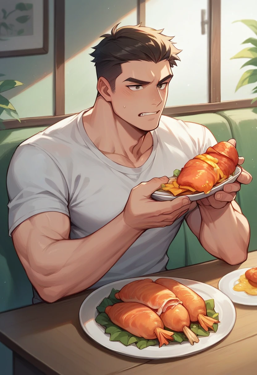Handsome man sitting and eating fried chicken
