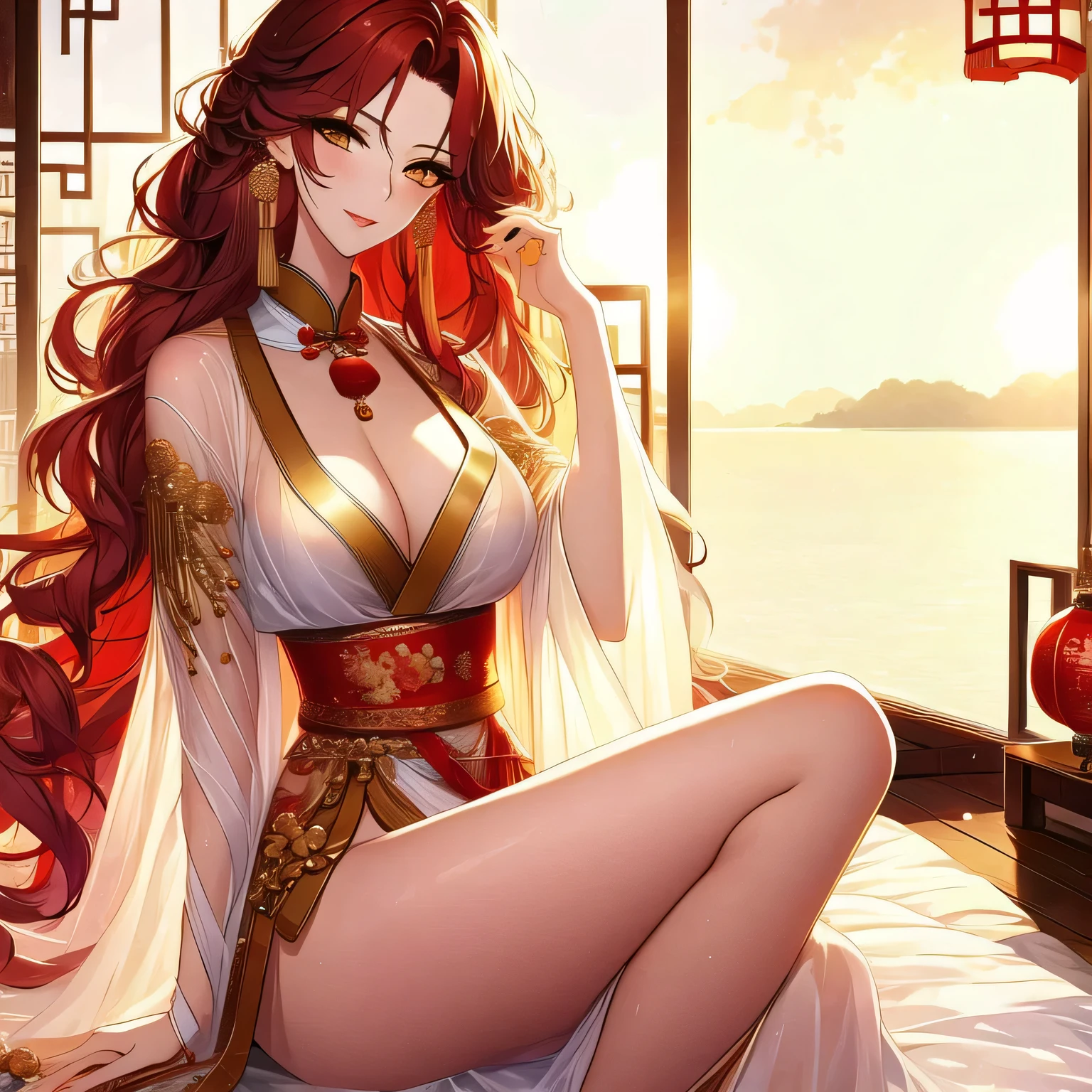 (masterpiece, best quality:1.2), 1women, xian mei, solo golden eyes, long red curly hair, jewellery, perfect anatomy, chinese traditional room, nudity, nude, sexy