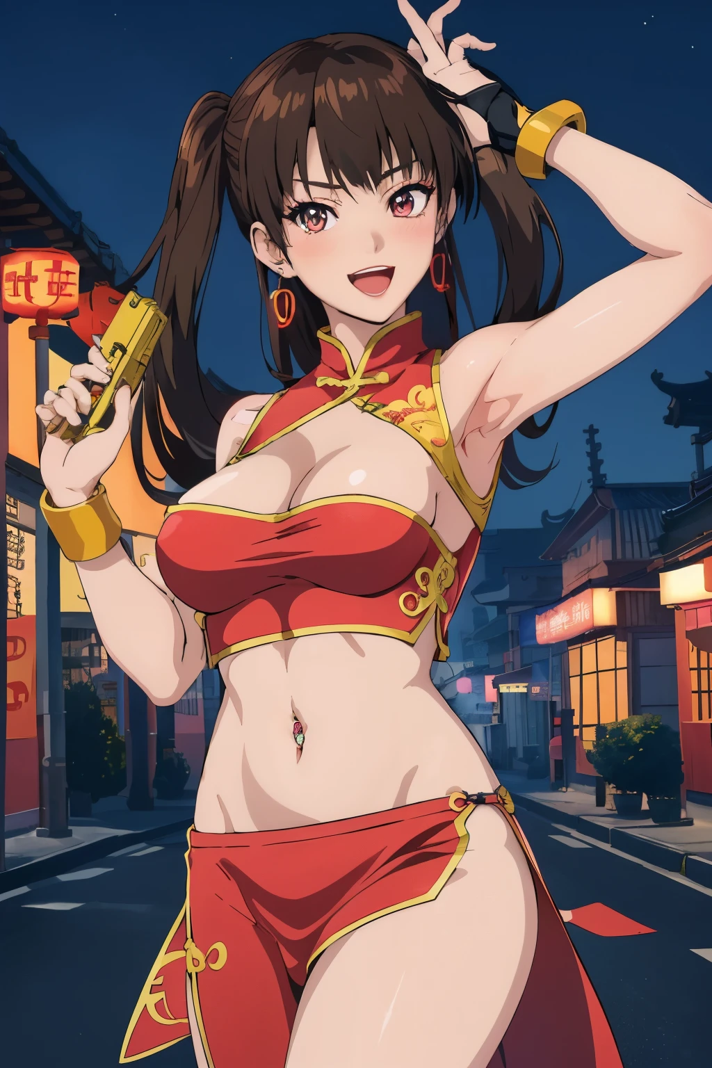 leifang, 1girl, long hair, blush, lipstick, jewelry, earrings, masterpiece, best quality, highly detailed, a anime girls in china dress with navel cutout holding a gun
posing for a picture, navel cutout, crop top, china dress, ecchi anime style, evil smile, open mouth,
smile, anime girls, ecchi style, ecchi, digital anime art!!, in anime style, official artwork, (nsfw) not safe
for work, beautiful anime girl, anime style 4 k, pelvic curtain, exposed belly, exposed navel, exposed
midriff, exposed lower belly, holding a gun, chinatown, outdoor,street,road, navel piercing