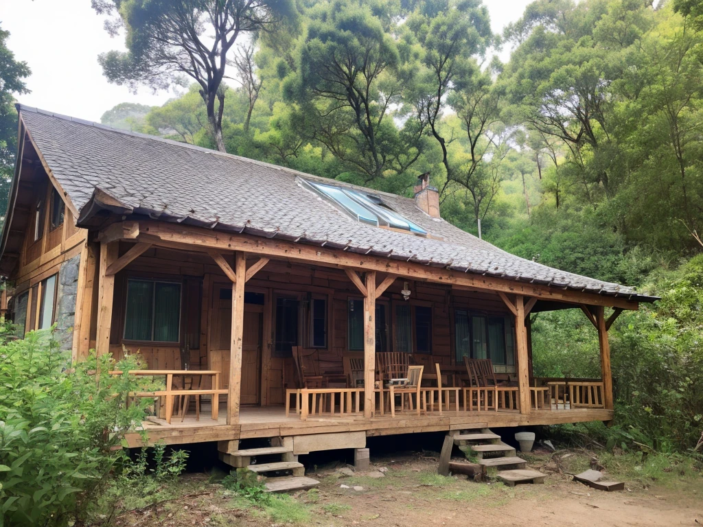 8K images、Highly detailed images、RAW Photoount Nagi stands tall、Deep in the mountains、BREAK、There is a house where an old man and woman live.、forest、There are small animals and roll-splitting tools around the house.