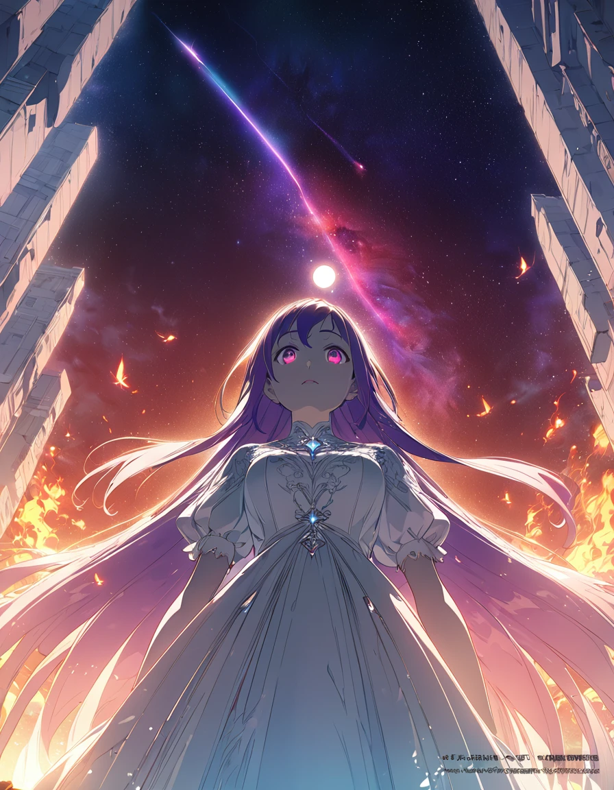 One girl, Beautiful and fine details, Long purple hair, Pale red eyes, Princess Dress, Glowing Skin, resolution, (Anime Style:1.6)High Contrast, ((Mastepiece, Highest quality))Vast landscape photography, (View from below with views of the sky and wilderness below), Girl looking up, (full moon: 1.2), (shooting star: 0.9), (nebula: 1.3), Distant Mountain, Treebreak Production Art, (Warm light source: 1.2), (fire Fly: 1.2), Purple and Orange, Intricate details, Volumetric Lighting, Realism Break (Mastepiece: 1.2) (Highest quality), 4K, Super detailed, (Dynamic Configuration: 1.4), Extremely detailed and colorful, (Iridescent colors: 1.2), (Brilliant lighting, Ambient lighting), dream-like, Magic, (alone: 1.5)　Perfect Fingers
