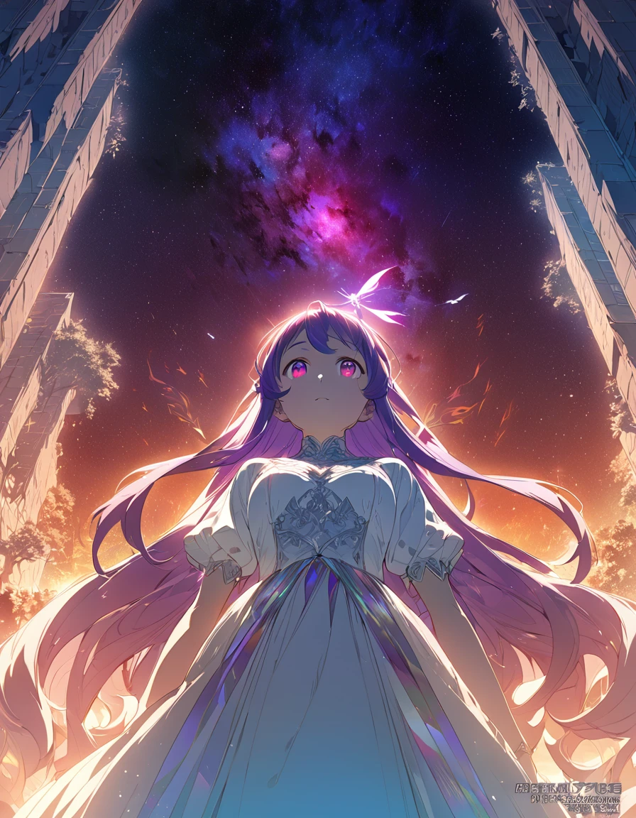One girl, Beautiful and fine details, Long purple hair, Pale red eyes, Princess Dress, Glowing Skin, resolution, (Anime Style:1.6)High Contrast, ((Mastepiece, Highest quality))Vast landscape photography, (View from below with views of the sky and wilderness below), Girl looking up, (full moon: 1.2), (shooting star: 0.9), (nebula: 1.3), Distant Mountain, Treebreak Production Art, (Warm light source: 1.2), (fire Fly: 1.2), Purple and Orange, Intricate details, Volumetric Lighting, Realism Break (Mastepiece: 1.2) (Highest quality), 4K, Super detailed, (Dynamic Configuration: 1.4), Extremely detailed and colorful, (Iridescent colors: 1.2), (Brilliant lighting, Ambient lighting), dream-like, Magic, (alone: 1.5) Perfect Fingers
