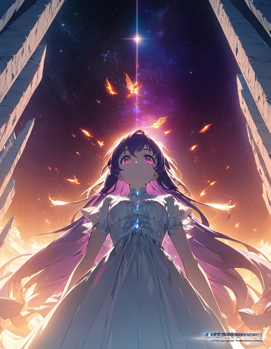 One girl, Beautiful and fine details, Long purple hair, Pale red eyes, Princess Dress, Glowing Skin, resolution, (Anime Style:1.6)High Contrast, ((Mastepiece, Highest quality))Vast landscape photography, (View from below with views of the sky and wilderness below), Girl looking up, (full moon: 1.2), (shooting star: 0.9), (nebula: 1.3), Distant Mountain, Treebreak Production Art, (Warm light source: 1.2), (fire Fly: 1.2), Purple and Orange, Intricate details, Volumetric Lighting, Realism Break (Mastepiece: 1.2) (Highest quality), 4K, Super detailed, (Dynamic Configuration: 1.4), Extremely detailed and colorful, (Iridescent colors: 1.2), (Brilliant lighting, Ambient lighting), dream-like, Magic, (alone: 1.5) Perfect Fingers