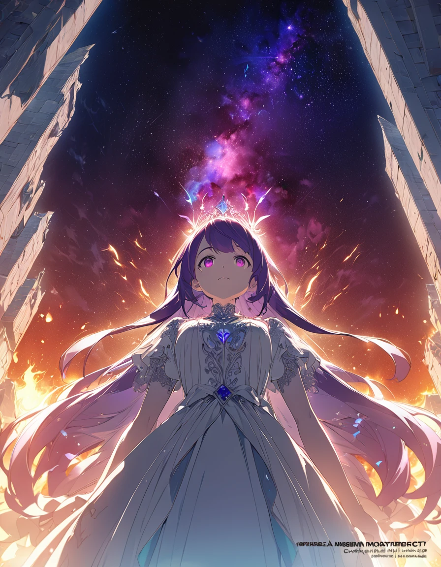 One girl, Beautiful and fine details, Long purple hair, Pale red eyes, Princess Dress, Glowing Skin, resolution, (Anime Style:1.6)High Contrast, ((Mastepiece, Highest quality))Vast landscape photography, (View from below with views of the sky and wilderness below), Girl looking up, (full moon: 1.2), (shooting star: 0.9), (nebula: 1.3), Distant Mountain, Treebreak Production Art, (Warm light source: 1.2), (fire Fly: 1.2), Purple and Orange, Intricate details, Volumetric Lighting, Realism Break (Mastepiece: 1.2) (Highest quality), 4K, Super detailed, (Dynamic Configuration: 1.4), Extremely detailed and colorful, (Iridescent colors: 1.2), (Brilliant lighting, Ambient lighting), dream-like, Magic, (alone: 1.5) Perfect Fingers