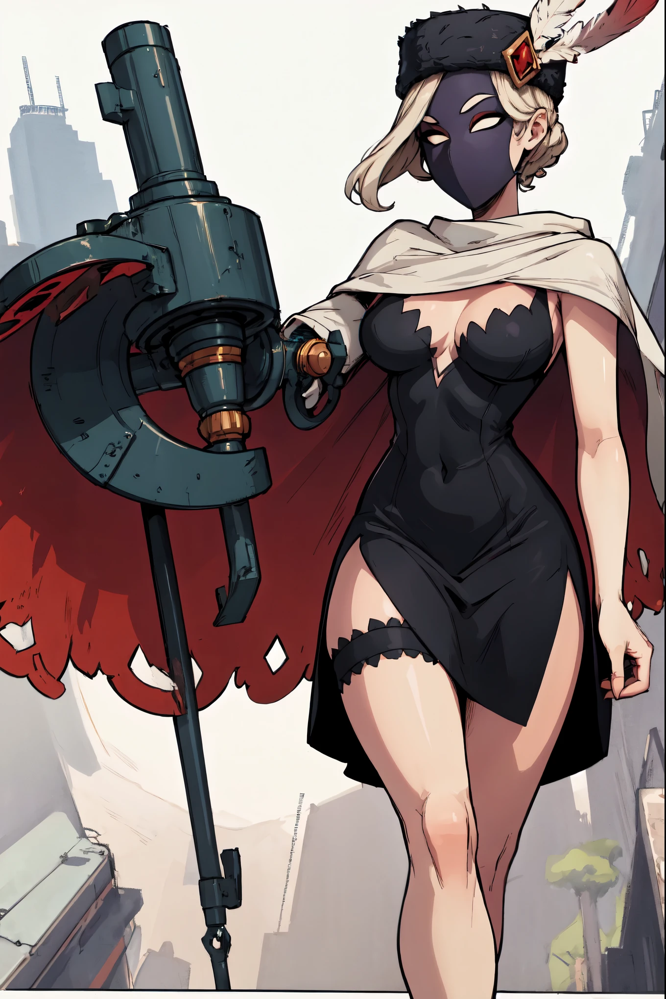 , (heavy lines), (intricate: 0.7), (bright skin: 1.3), (eyelashes: 0.5), beautiful and clear scenery, masterpiece, best quality,blackdahlia, mask, weapon, hat, hat feather, black dress, side slit, cape,movement, dynamic, combat