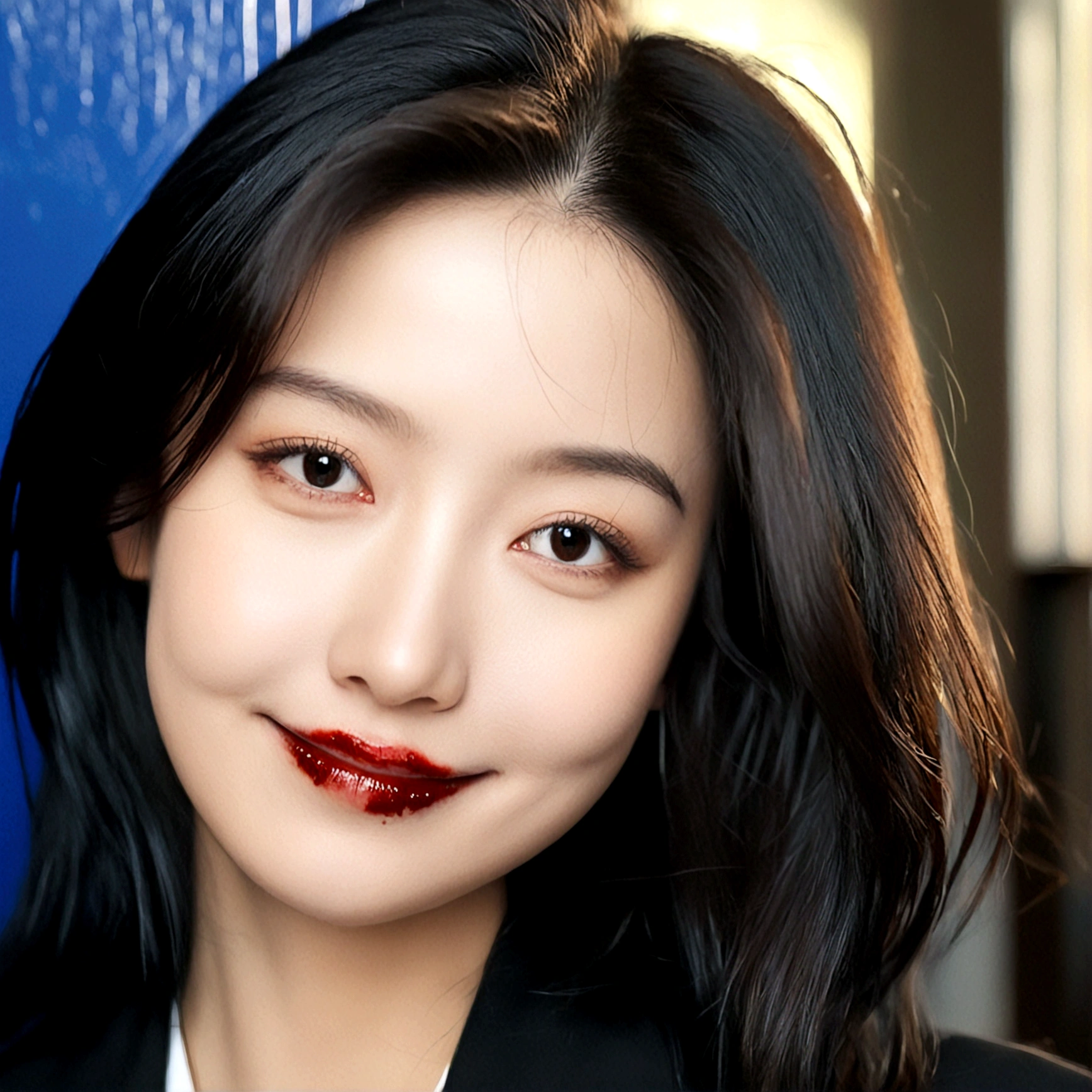 1girl, solo, looking at viewer, smile, black hair, closed mouth, female focus, black eyes, lips, blood, portrait, realistic