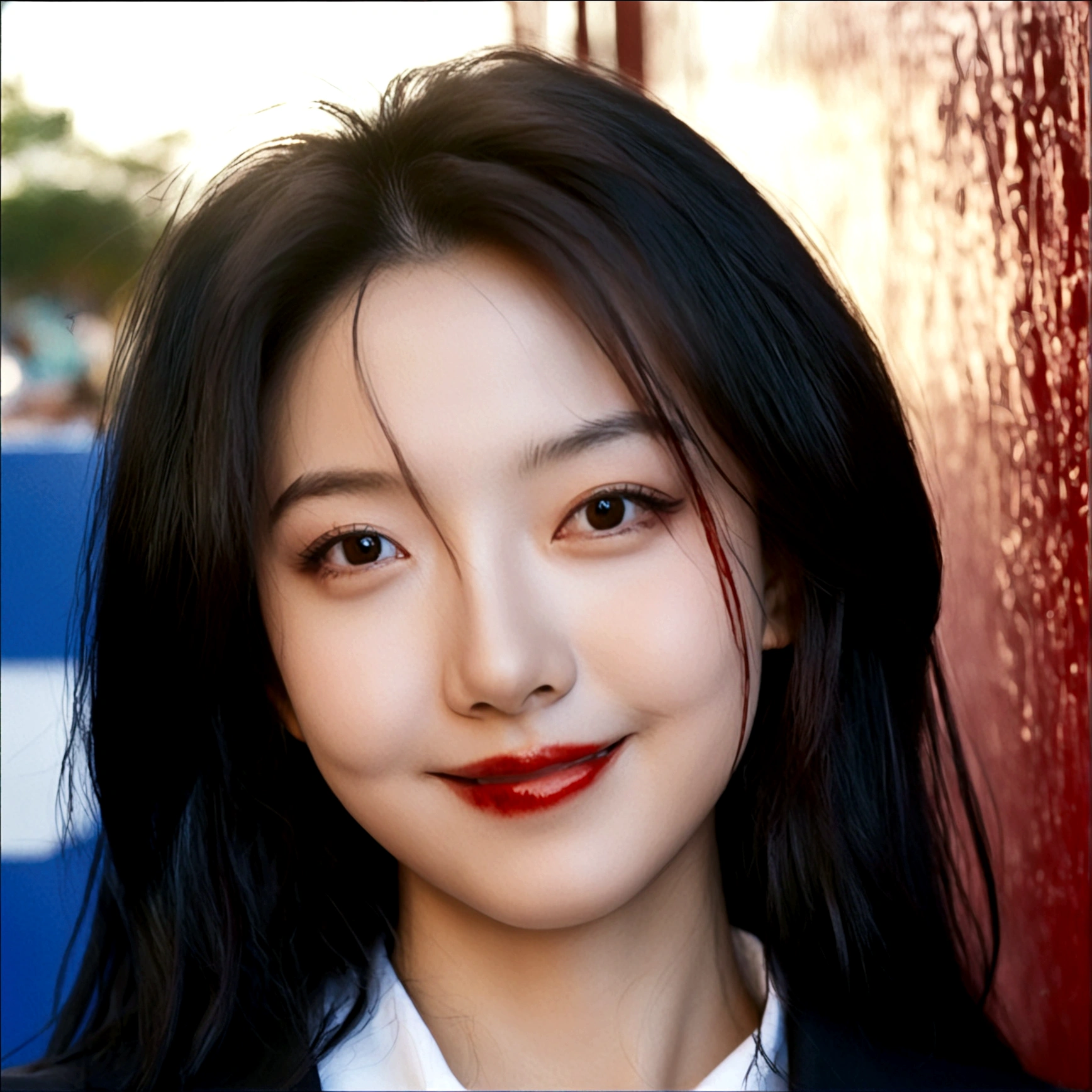 1girl, solo, looking at viewer, smile, black hair, closed mouth, female focus, black eyes, lips, blood, portrait, realistic