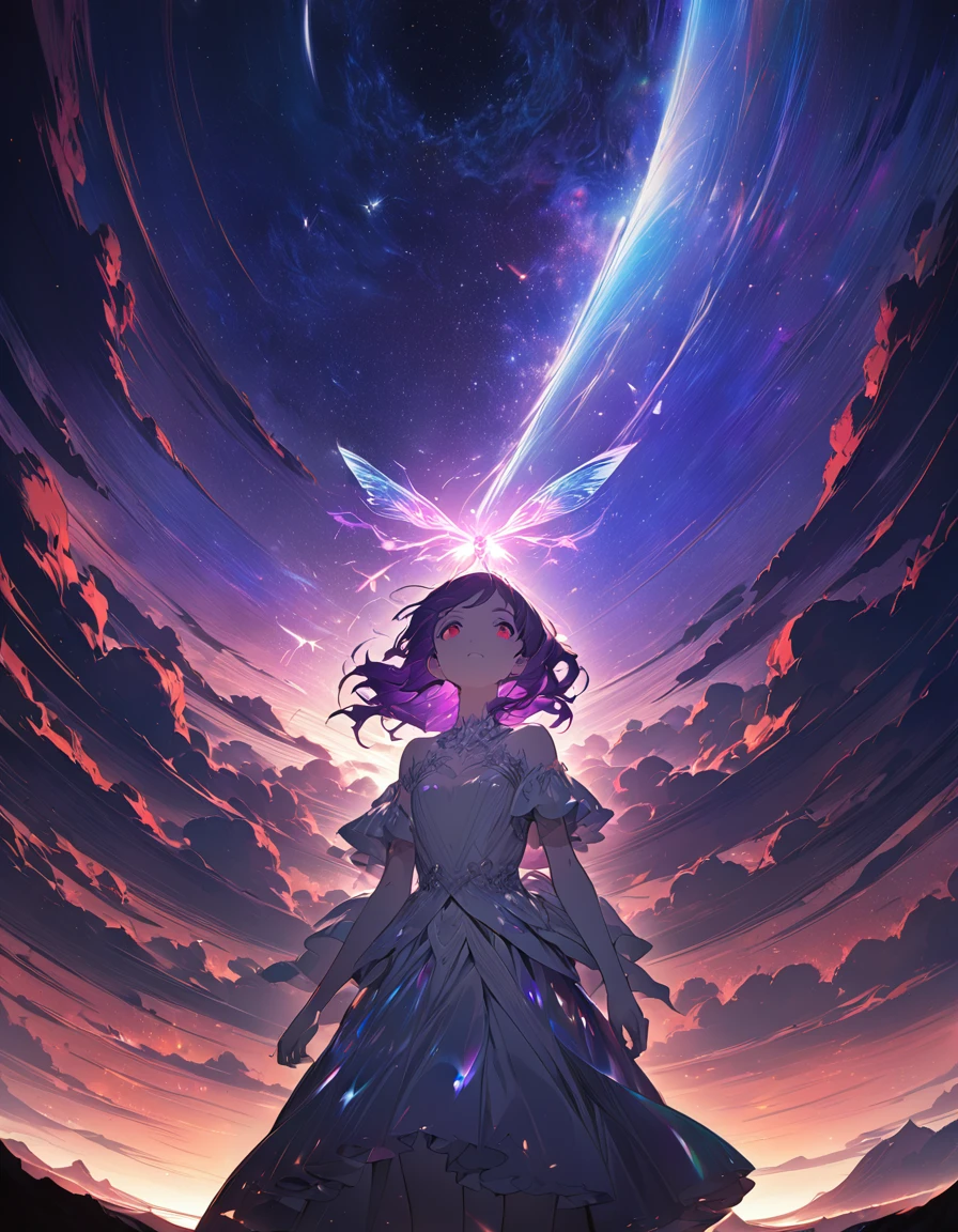 One girl, Beautiful and fine details, Long purple hair, Pale red eyes, Princess Dress, Glowing Skin, resolution, (Anime Style:1.6)High Contrast, ((Mastepiece, Highest quality))Vast landscape photography, (View from below with views of the sky and wilderness below), Girl looking up, (full moon: 1.2), (shooting star: 0.9), (nebula: 1.3), Distant Mountain, Treebreak Production Art, (Warm light source: 1.2), (fire Fly: 1.2), Purple and Orange, Intricate details, Volumetric Lighting, Realism Break (Mastepiece: 1.2) (Highest quality), 4K, Super detailed, (Dynamic Configuration: 1.4), Extremely detailed and colorful, (Iridescent colors: 1.2), (Brilliant lighting, Ambient lighting), dream-like, Magic, (alone: 1.5) Perfect Fingers