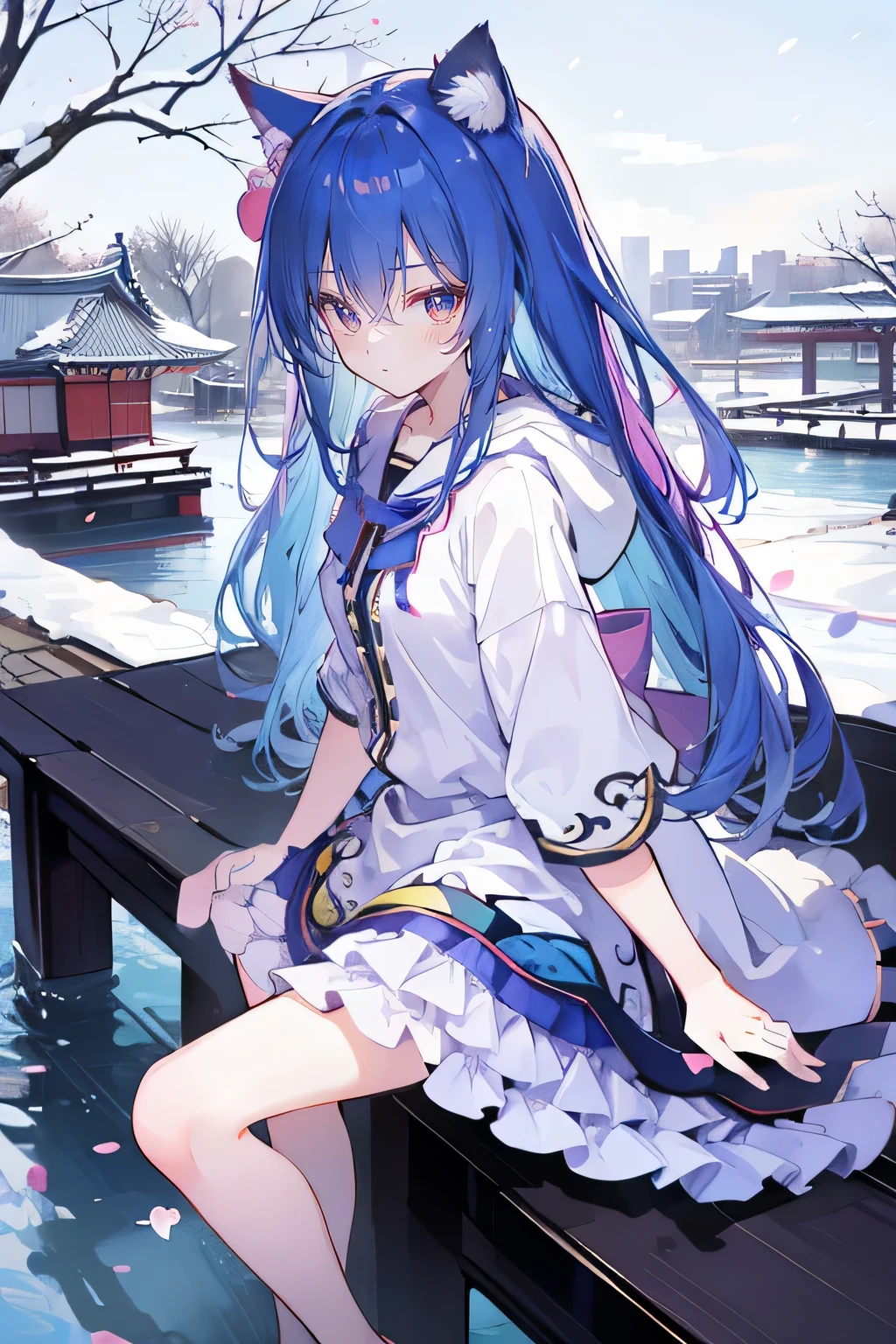 （masterpiece：1.2），Super detailed，lifelike，Expressive eyes，fair skin，perfect face shape，1 girl，
Japanese comics,Gorgeous blue hair,flowing blue hair,flowing clothes,Cat ears,Petals fall,beautiful lola,Baby Angel,
Cross your legs，Gentle and peaceful background，The pavilion is cool and comfortable,smile, wearing hoodie, background of tokyo,back views,snowing, winter.