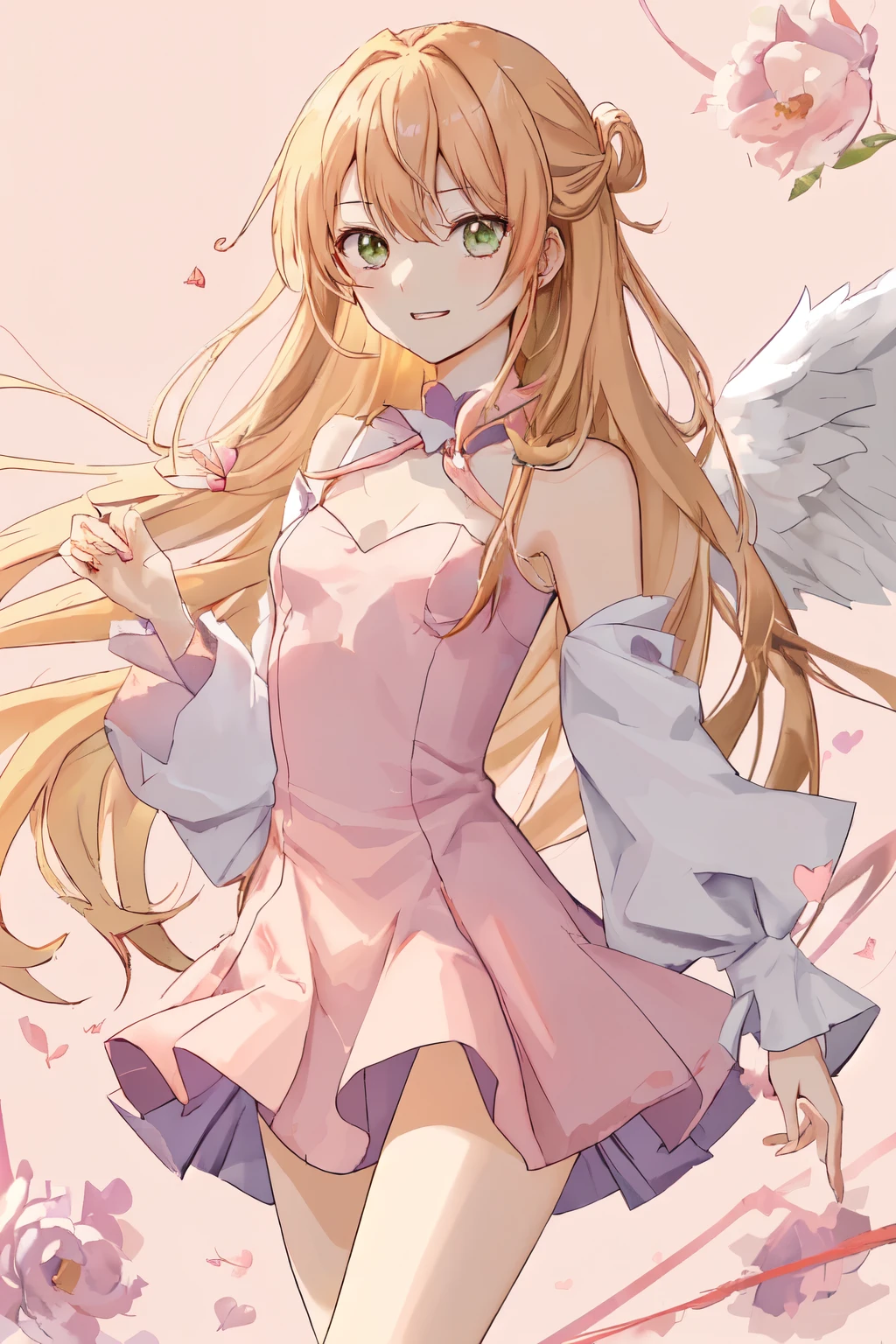 1_girl, (anime, kawai:2), (masterpeice, best_quality, clean:1.5), (sky_background:1.2), (cute, cute_smile, wholesome, young:1.8), (delicate, extremely_delicate, beautiful, thin:1.5), (girlfriend, angel:1.8), (green_eyes, simple_eyes:1.8) (long_hair, blond_hair, wearing_pink_dress, pink_angel_wings:1.5), extremely_delicate, (love_magic:1.5), (age_size_fits_body), (small_thighs:1.3), (breasts), (eye_level:1.3), (heart_magic, love:1.5), (folded_legs:1.5), (combat:1.2)