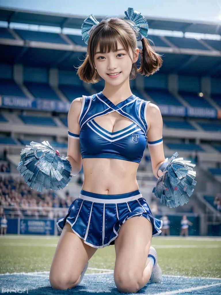 (((Highest quality、8K、Photorealistic:1.4、masterpiece)))、Backlight、Woman with highly detailed facial texture、18-year-old、(((Blue Cheerleader:1.2)))、((Stadium Background:1.2))、Raise your arms、Laughter、Shiny blonde hair and short hairstyle、blonde。short hair。Split sleeves, Bare shoulders, Central opening, Cleavage, Central chest,Squatting cowgirl、ribbon。Twin tails。Kneel