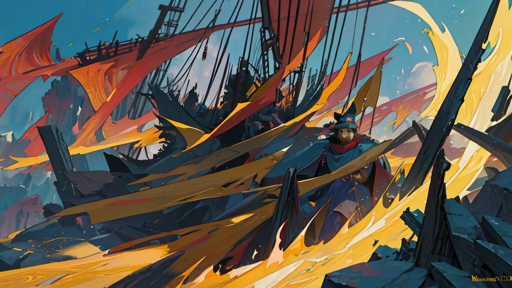 (best qualityer:1.1),original,medieval fantasy, Youngh, big strong, dragon in the background,dynamic pose,Barba,magie,(particle effects:1.1),(stormy:1.1),(windy:1.1),(wreckage:1.1),dramatic lighting,plein-air, powerful wizard, black hair black beard, cape and top hat, RPG, medieval fantasy