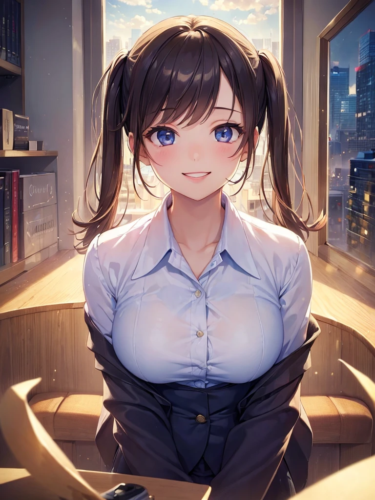 (masterpiece:1.5),(Beat quality),(high res),1girl solo,beautiful face,smile(shining eyes),upper body,light effects,Office Lady,Morning City