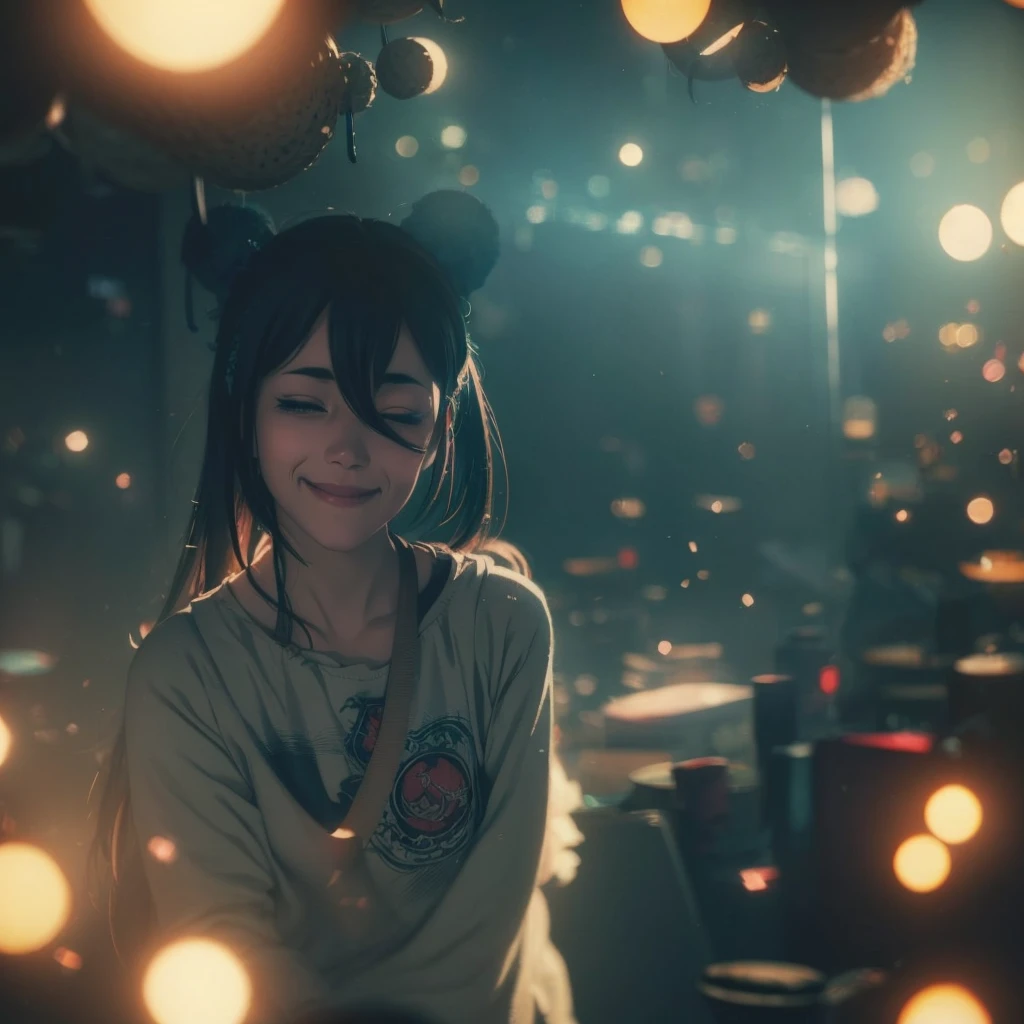 Grunge woman, (BOKEH) dreamy background, exentric smile, engaging perspective, captivating gaze, (deep, immersive) steam ambiance, (artistically) blurred foreground, mist, (secretive), best quality, anomaticaly correct, 4k, 8k, (((anime style)))