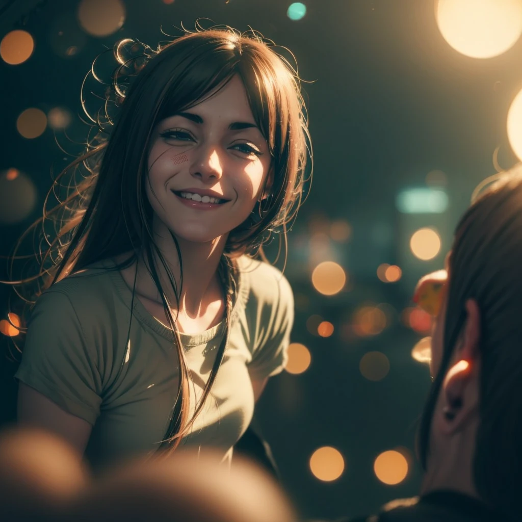 Grunge woman, (BOKEH) dreamy background, exentric smile, engaging perspective, captivating gaze, (deep, immersive) steam ambiance, (artistically) blurred foreground, mist, (secretive), best quality, anomaticaly correct, 4k, 8k, (((anime style)))