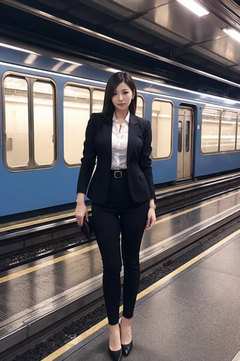 Tall, A beautiful, busty, super long-legged office lady standing on a train platform seen from below