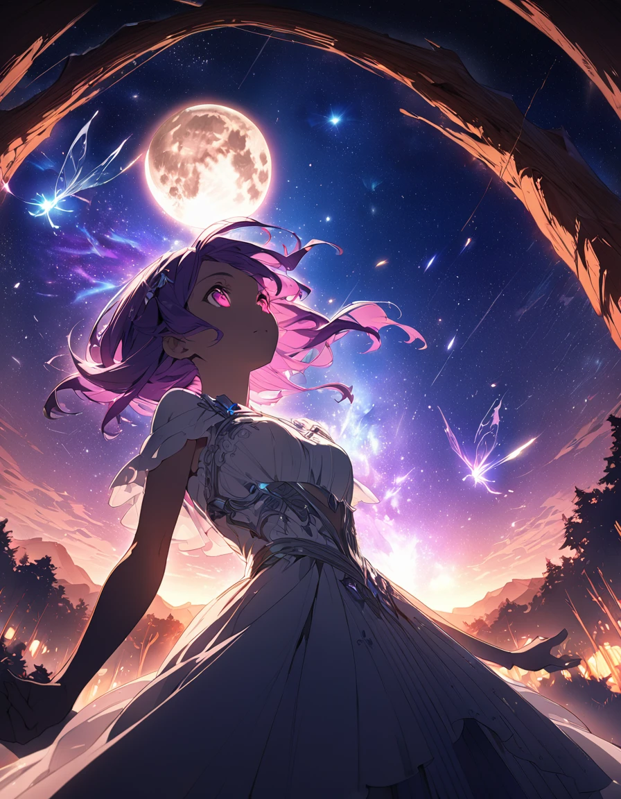 One girl, Beautiful and fine details, Long purple hair, Pale red eyes, Princess Dress, Glowing Skin, resolution, (Anime Style:1.6)High Contrast, ((Mastepiece, Highest quality))Vast landscape photography, (View from below with views of the sky and wilderness below), Girl looking up, (full moon: 1.2), (shooting star: 0.9), (nebula: 1.3), Distant Mountain, Treebreak Production Art, (Warm light source: 1.2), (fire Fly: 1.2), Purple and Orange, Intricate details, Volumetric Lighting, Realism Break (Mastepiece: 1.2) (Highest quality), 4K, Super detailed, (Dynamic Configuration: 1.4), Extremely detailed and colorful, (Iridescent colors: 1.2), (Brilliant lighting, Ambient lighting), dream-like, Magic, (alone: 1.5) Perfect Fingers