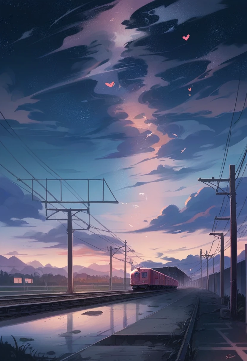 Cartoon train crossing tracks with sky background, A beautiful and harmonious scene, Exquisite animations, Rich details (Width is 672), high quality, Vivid 4K, Artistic 4k wallpapers, Amazing anime scenery, 8k art wallpaper.,high school girl,She is one,stand,Broken Heart,Have a smartphone,Crying