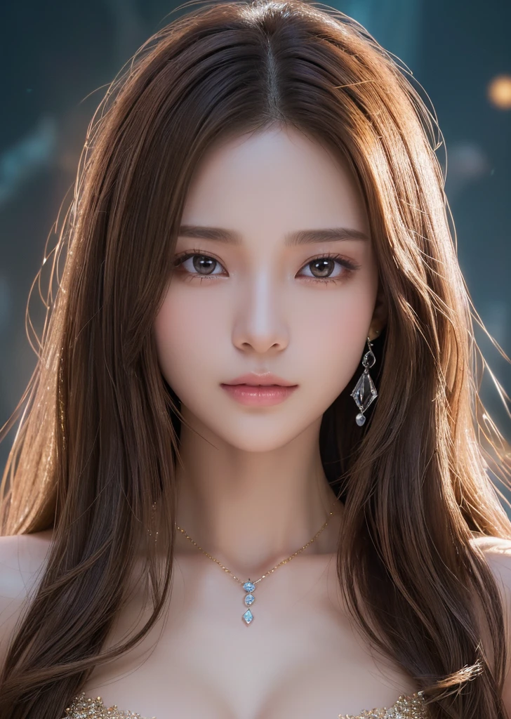 Flat Chest、(Slim body）、((Slim body))、Long Hair,masterpiece,diamond、big diamond necklace、Earrings,background of fantasy,(((Brown Hair)))、美しいきらめくcrystal玉, mystical 、Magic Ball、crystal、Fortune telling、Magical fantasy enchanted ethereal, Cinematic shots, Movie Scenes, amazing, Breathtakingly beautiful, A magical feeling in the air, Magical fantasy, Diffuse lighting、 Highest quality, High resolution, unity 8k wallpaper, (shape:0.8), (Beautiful details:1.6), Highly detailed face, Mr.々A gem、crystalからLight線、Light、