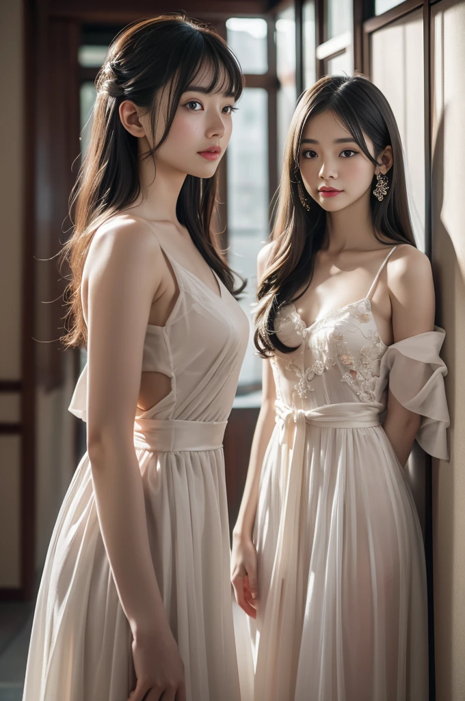 Long Shot, Full body image, (bra:0.1),(8k wallpaper, masterpiece, Highest quality, Super detailed), (Better lighting, Better Shadows, Very delicate and beautiful), floating, High saturation, Dynamic Angle, ((One girl)), nice, Ningguang City(Orchid Evening Dress) Gray Hair, Red eyes, Very long hair, hair ornaments, bangs, (Skin wrinkles:1.3), (Downy hair:1.3),