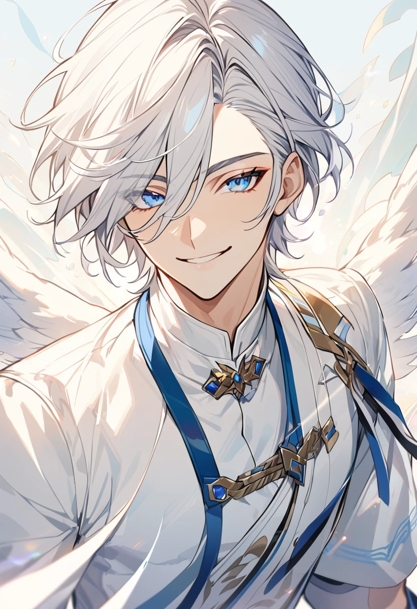Handsome, solo, 1 male, short hair, blue eyes, white hair, white clothes, smile facial, (хитрая улыбка)