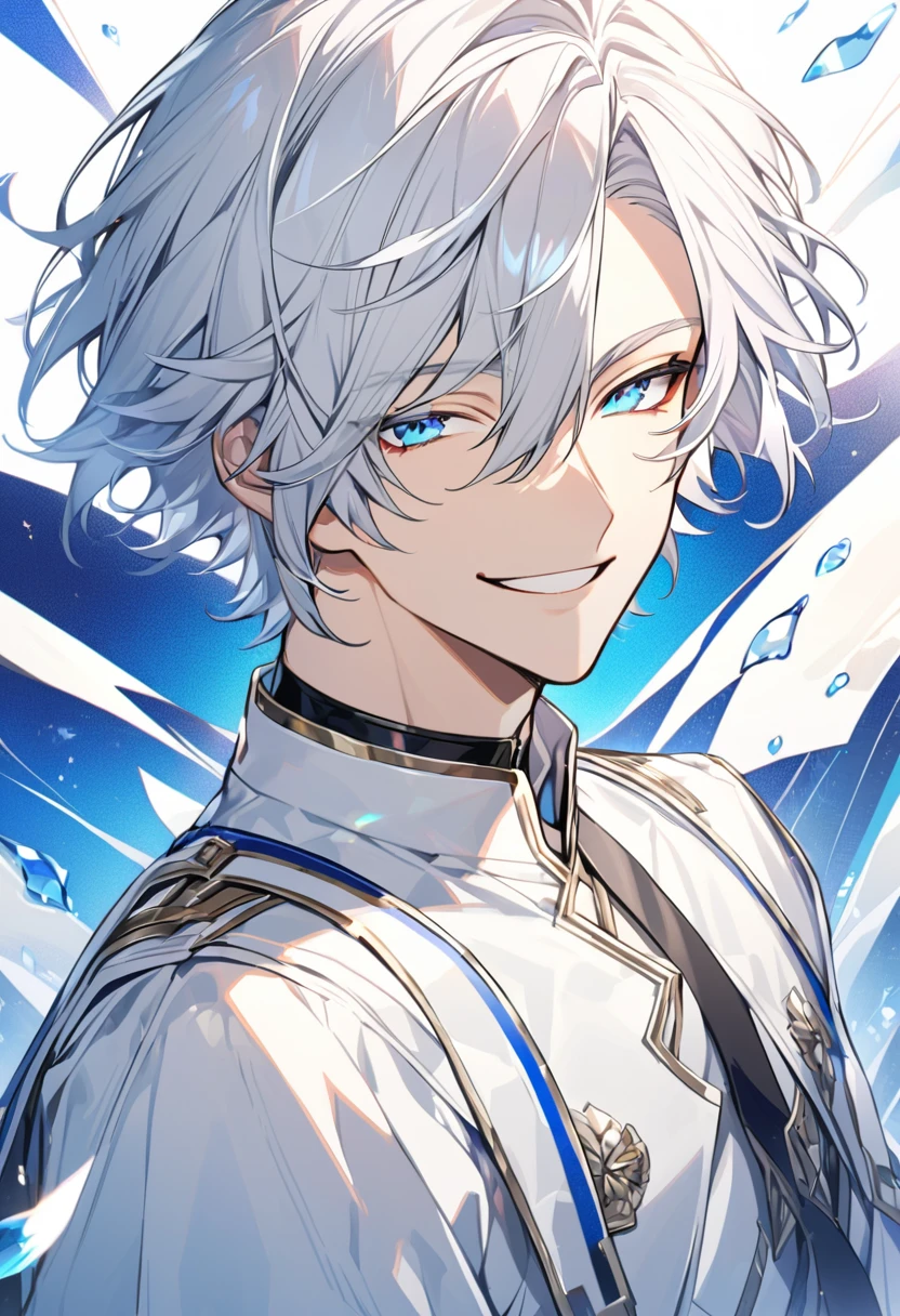 Handsome, solo, 1 male, short hair, blue eyes, white hair, white clothes, smile facial, (хитрая улыбка)