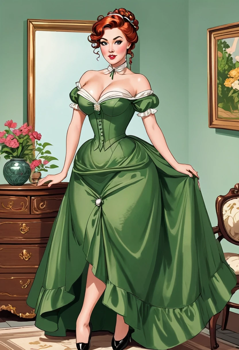 ((best qualityer)) beautiful woman in 1820s dress posing for a photo, beauty of period fashion dress, loose green dress, inverted triangle body type, Bela , mulher de corpo inteiro, wearing period dress, beautiful charming woman, wavy red hair tied up, Period hairstyle, honey brown eyes, hourglass figure, cartoon vector style, corpo pin-up, Broad Hips, voluptuous woman, charming woman