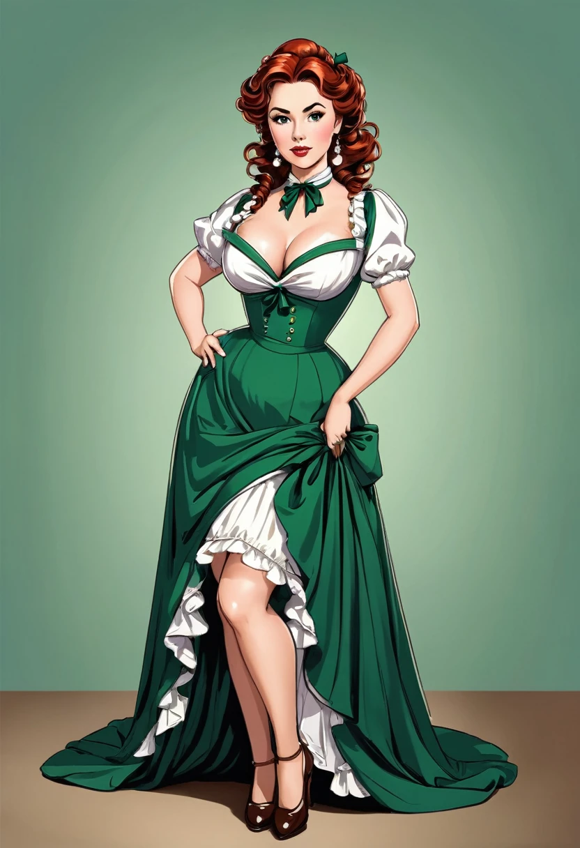 ((best qualityer)) beautiful woman in 1820s dress posing for a photo, beauty of period fashion dress, loose green dress, inverted triangle body type, Bela , mulher de corpo inteiro, wearing period dress, beautiful charming woman, wavy red hair tied up, Period hairstyle, honey brown eyes, hourglass figure, cartoon vector style, corpo pin-up, Broad Hips, voluptuous woman, charming woman