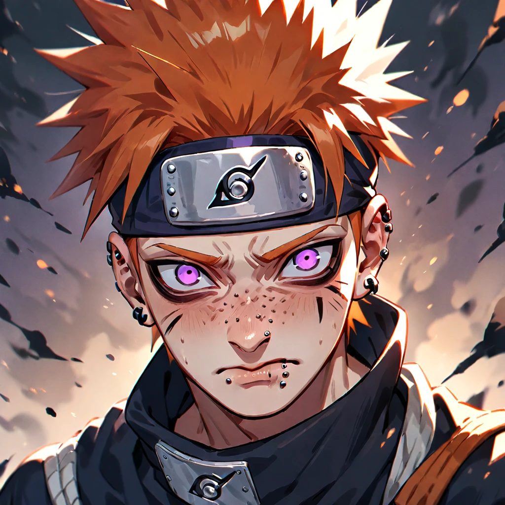 piercing, 1boy, Pain from Naruto, male focus, solo, ear piercing, orange hair, looking at viewer, lip piercing, nose piercing, purple eyes, ninja, forehead protector, spiked hair, closed mouth, ((medium quality)), ((medium quality))