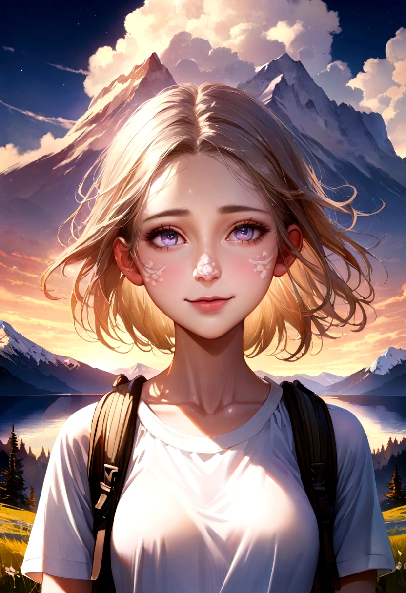 (Highest quality, Ultra-realistic:1.2), Majestic Mountain, sea of clouds, Clear sky, Fantastic, Woman watching the sunset, Becoming a pro, ((Upper Body)), White T-shirt, Trekking shorts, Trekking boots, rucksack, (Very delicate face, Super beautiful poop, Very delicate eyes, Highly detailed nose, Highly detailed mouth, Highly detailed facial features), Beauty, 18-year-old, A shy smile