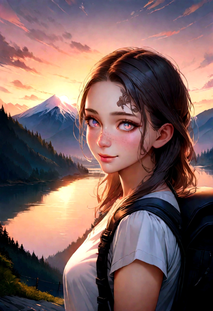 (Highest quality, Ultra-realistic:1.2), Majestic Mountain, sea of clouds, Clear sky, Fantastic, Woman watching the sunset, Becoming a pro, ((Upper Body)), White T-shirt, Trekking shorts, Trekking boots, rucksack, (Very delicate face, Super beautiful poop, Very delicate eyes, Highly detailed nose, Highly detailed mouth, Highly detailed facial features), Beauty, 18-year-old, A shy smile