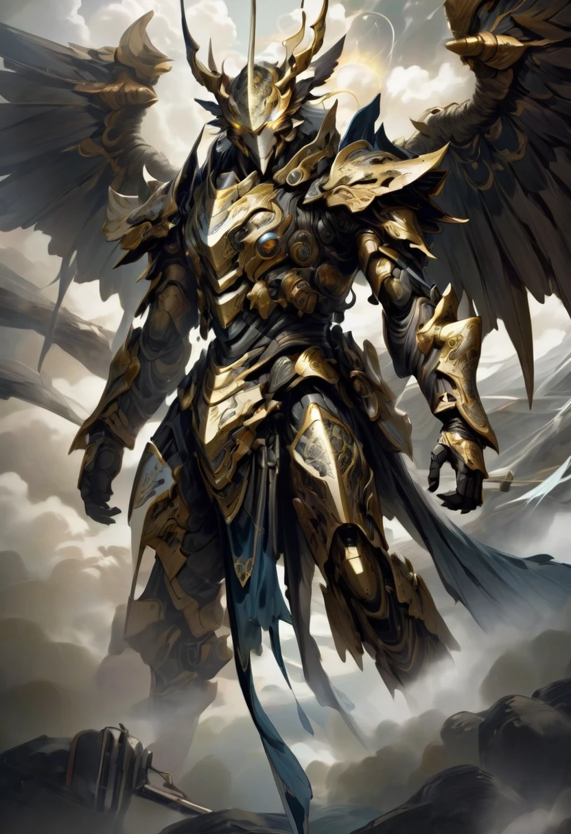 An elderly warrior, clad in ancient armor, descending from the skies in a mechanical dragon, his eyes filled with wisdom and sorrow