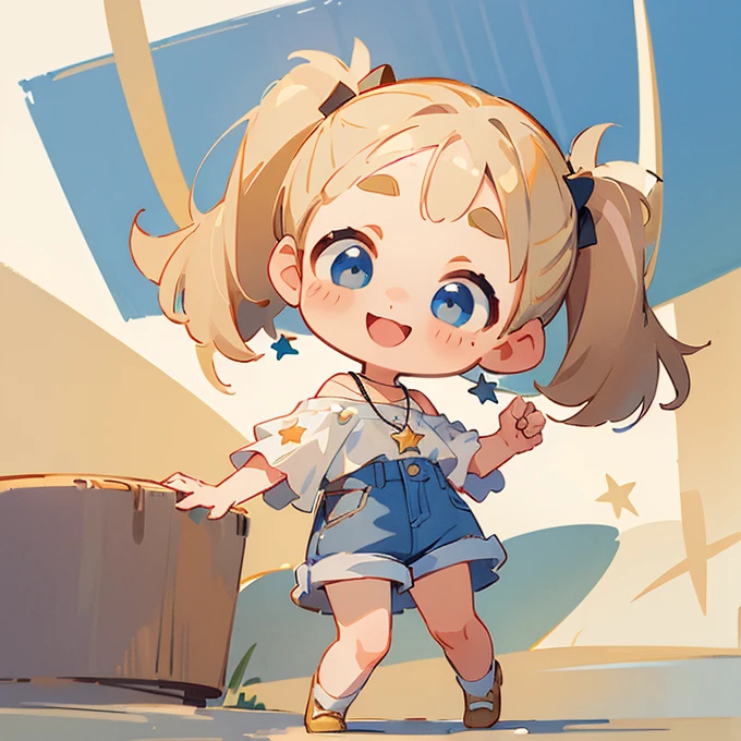 (masterpiece, Highest quality:1.2), (2 head body chibi character:1.1), Light beige hair, Twin tails, Blue Eyes, White off-shoulder blouse, Denim shorts, Short bangs, Thick eyebrows, Star Necklace, A lively atmosphere, smile, View your viewers