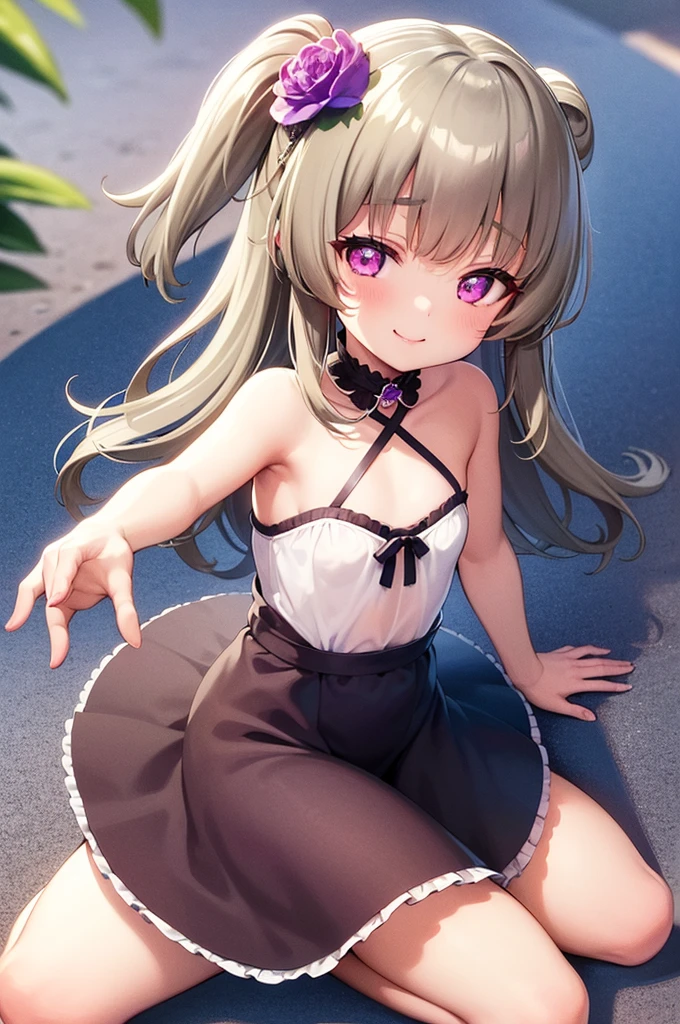 Himari Meimei, masterpiece, Voluptuous thighs, petit body, little young girl, flat chest, {1 Girl}, Cute and erotic smile, Highly detailed sparkling purple eyes, In summer beach, nudist beach, 困り眉, open legs, legs up, silver grey hair, lying on beach bed