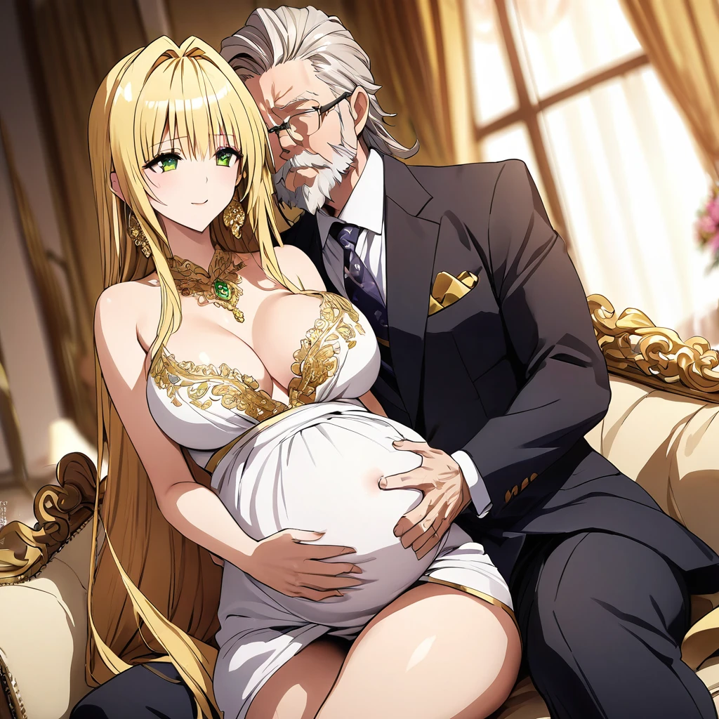 ((Highest quality)), ((masterpiece)), (detailed), (Perfect Face)、The woman is a thief with green eyes, medium-long blonde hair, and is wearing a luxurious maternity dress with gold embroidery and trim, jeweled earrings, and an engagement ring.、The woman is sitting close to the man on a luxurious sofa in a luxurious room, the couple sitting side by side、The man is a dignified, bearded old man, extremely wealthy, wearing an expensive suit with lavish gold embroidery and trim, and wearing an engagement ring.、the woman is pregnant